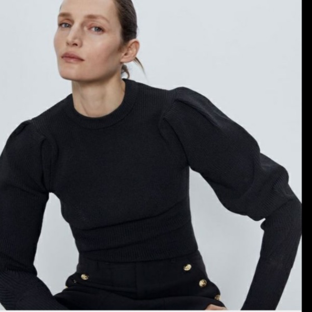 Zara mock neck, balloon sleeve black knit top size M